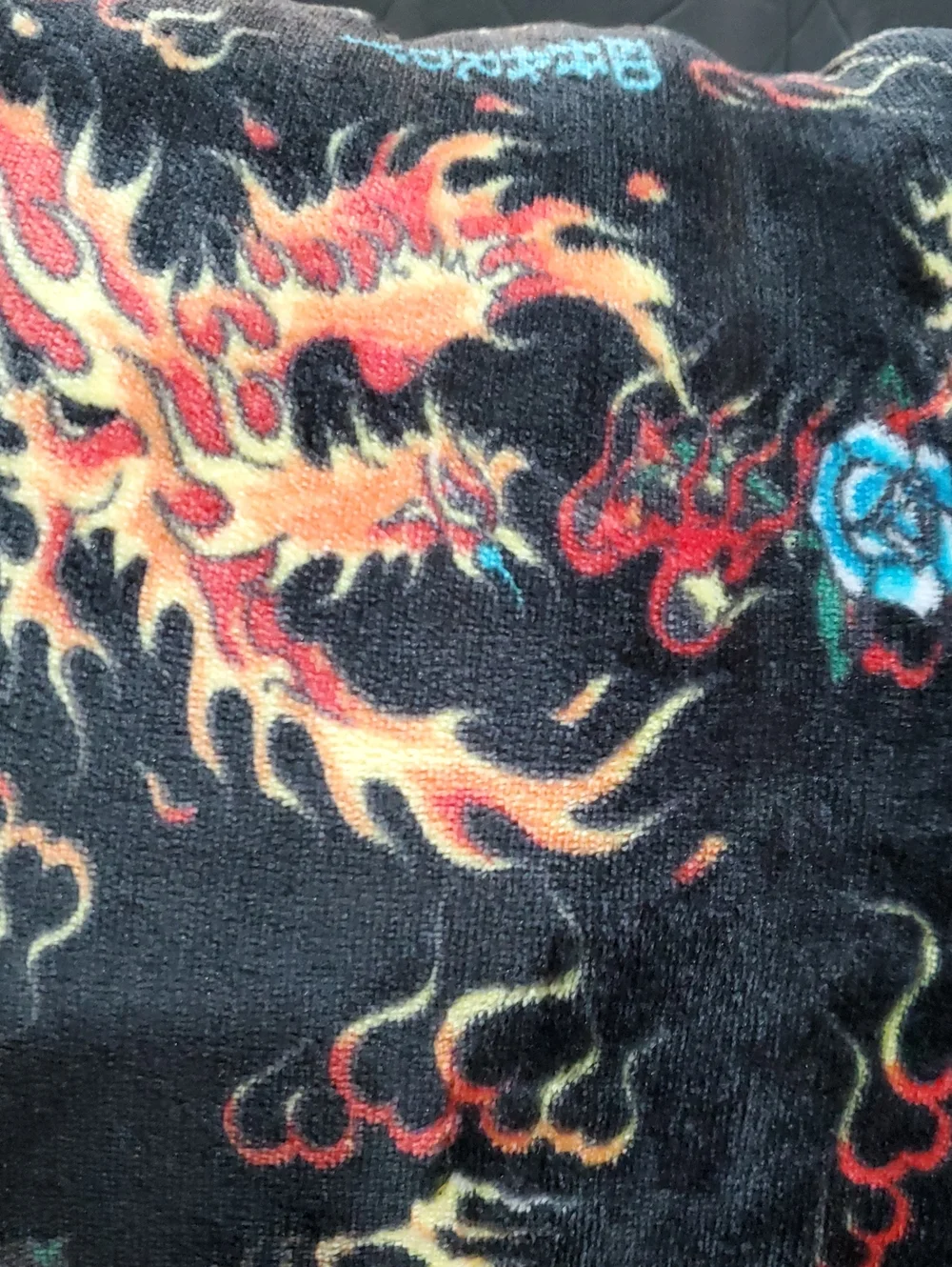Ed Hardy black velvet plush fiery dragon blue rose print throw decor pillow new